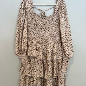 Byinns Women's Large Beige Floral Square Neck Tiered Tie Back Swing Mini Dress